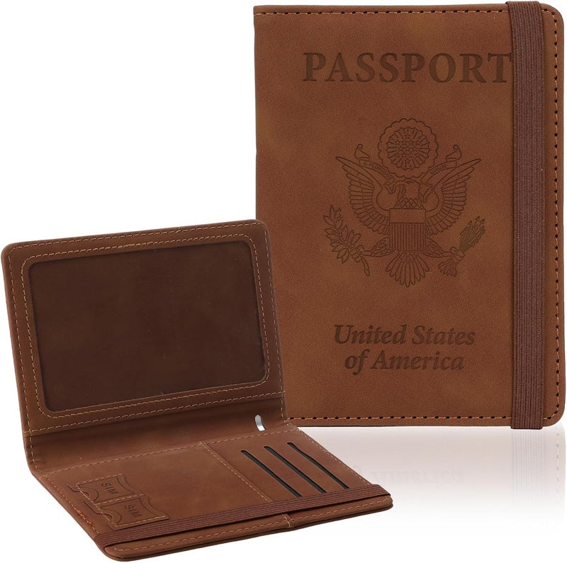 RHOttbiy Passport Holder for Travel, RFID Blocking Passport Cover with Pen Holder Leather Passport Wallet Case Travel Must Haves Accessories Passport Book Card Holder for Family Travel Essentials Gifts, Brown - Image 1